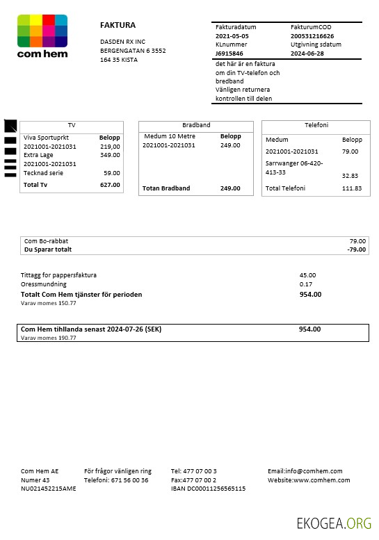 Modèle de facture de services publics suédois Com Hem aux formats Word et PDF
